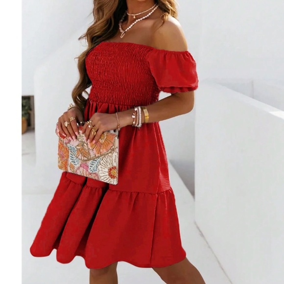 Boho Shirred Puff Sleeve Off Shoulder Mini Dress - Picture 5 of 8